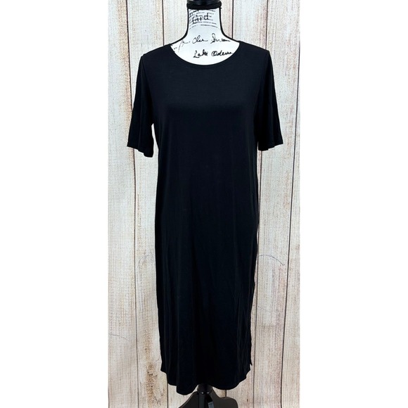 Eileen Fisher Black Round Neck Short Sleeve Midi Dress Side Slit XS NWT $198 - Picture 1 of 6